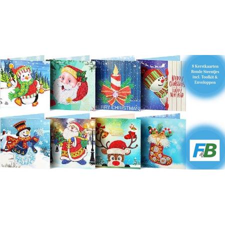 F4B Diamond Painting 8-Delig Kerstkaarten 15x15cm | Ronde Steentjes | Met Enveloppen | Kerstmis | Kaartenset | Cards | Merry Christmas | Kinderen | Pakket Volwassenen en Kinderen